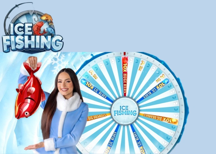 Ice Fishing presenter holding a red fish next to the Evolution Ice Fishing wheel