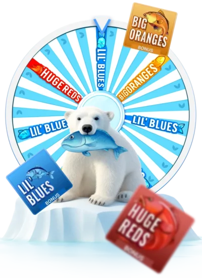 Ice Fishing wheel with polar bear and the Lil' Blues, Big Oranges and Huge Reds bonus tiles