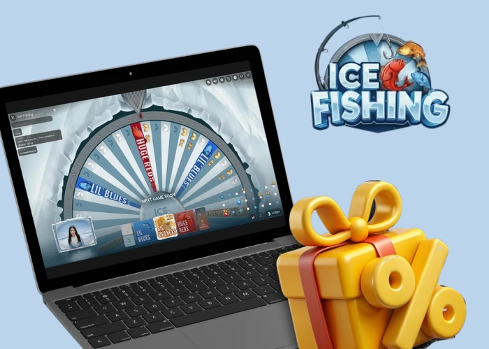 Ice Fishing bonus round on a laptop with the Lil' Blues, Big Oranges and Huge Reds bet spots