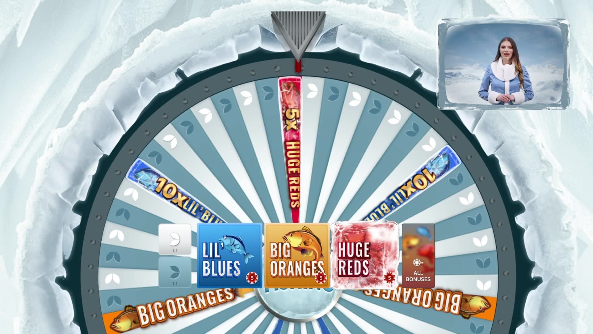 Ice Fishing 53-segment wheel showing Lil' Blues, Big Oranges, Huge Reds and 10x multiplier segments