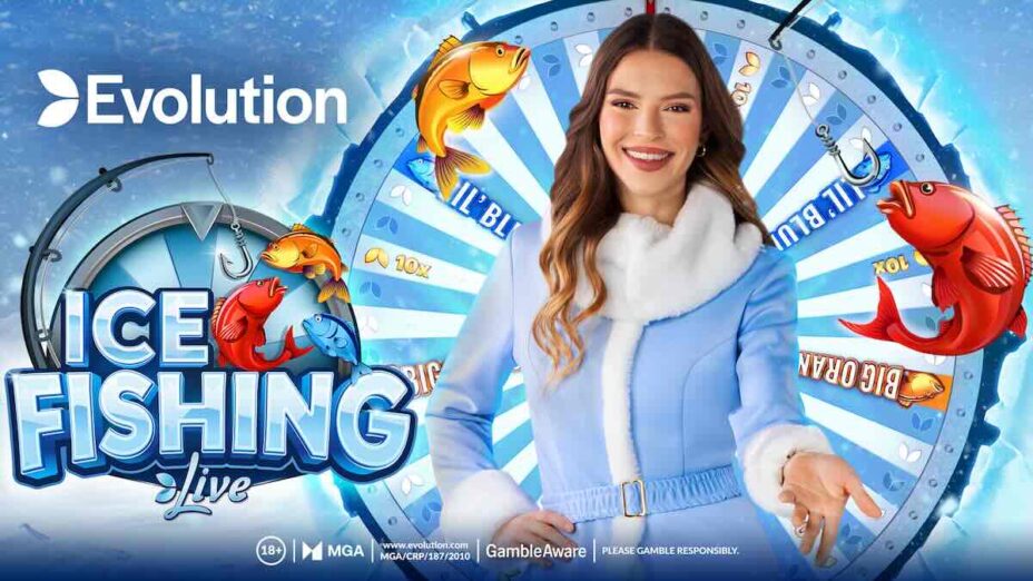 Evolution branded Ice Fishing Live key art with the game show host and multiplier wheel