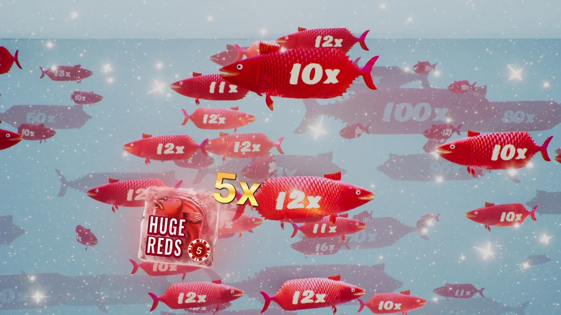 Huge Reds bonus round in Ice Fishing with red fish carrying 10x, 12x and 100x multipliers